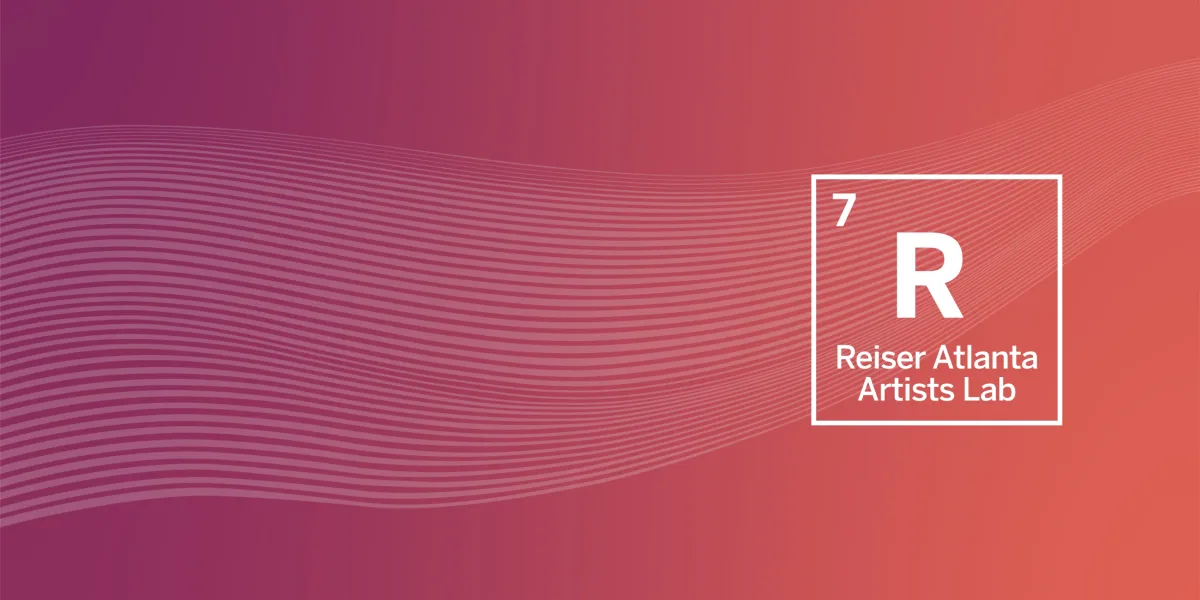 Abstract background with wavy lines and a gradient from pink to orange, featuring a white box labeled "7 R Reiser Atlanta Artists Lab.