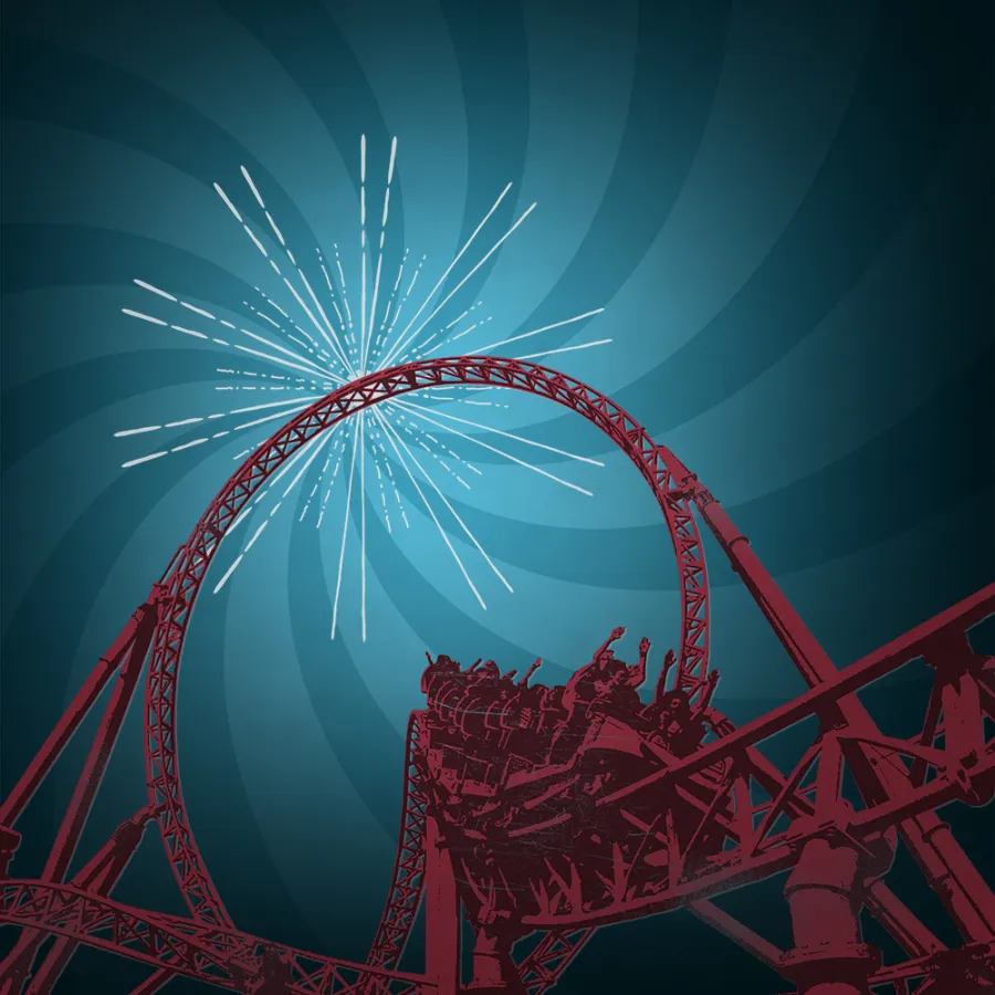 A roller coaster train with riders is going through a vertical loop, with fireworks exploding in the blue, spiraled sky background.