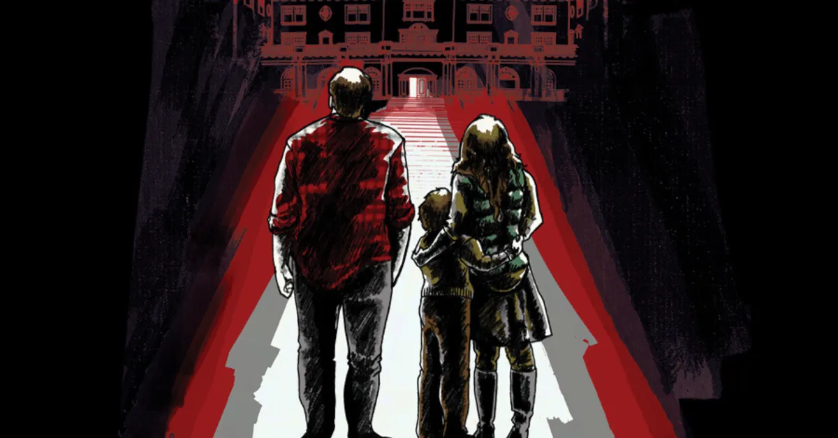 A man, woman, and child stand together facing a large, ominous building at the end of a red-carpeted path.