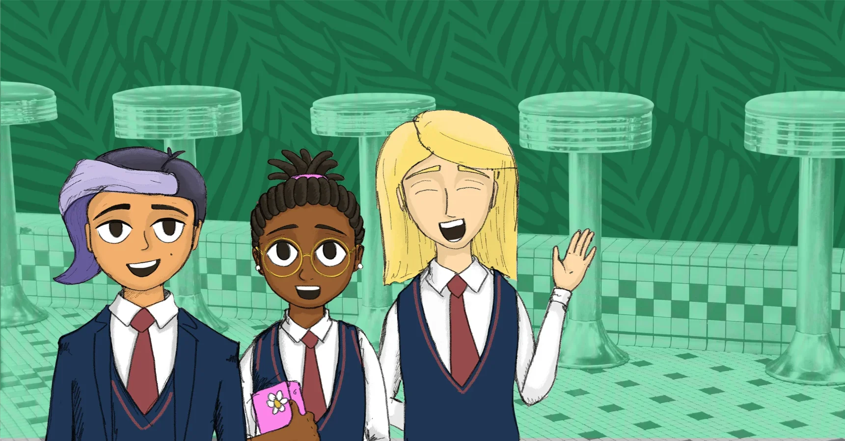 Three students in school uniforms stand together in front of a row of stools; one is waving, another holds a pink notebook, and the third has a purple streak in their hair.