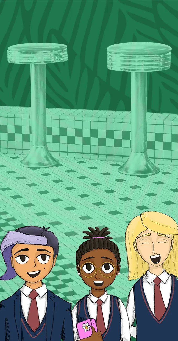 Three cartoon students in school uniforms stand in front of a green tiled wall and two tall, round tables.