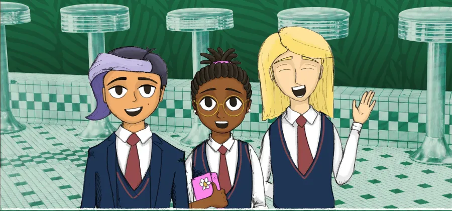 Three students in school uniforms stand in front of a tiled counter with stools. One holds a pink book, and another waves with a smile.