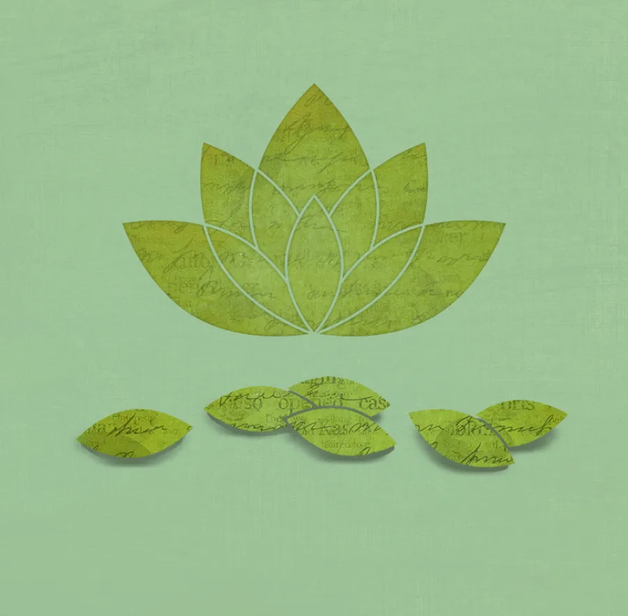 Green lotus flower and leaves made of textured paper with script writing, arranged on a light green background.