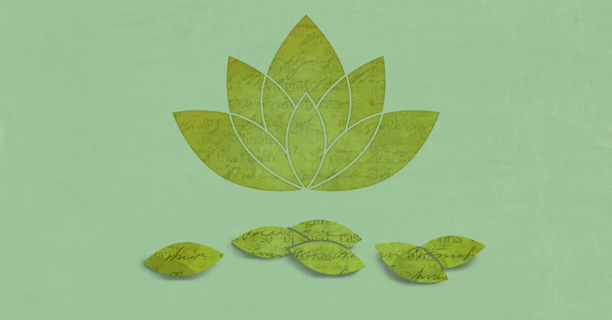 A stylized lotus flower and six leaves are displayed on a green background, with faint cursive text visible within the shapes.
