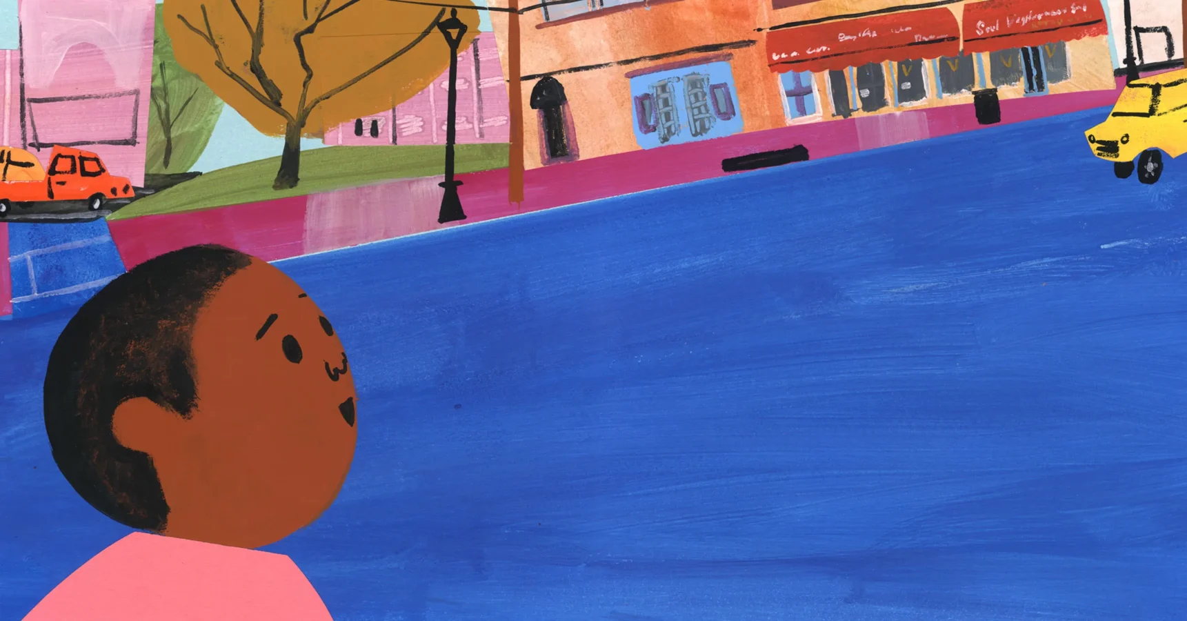 Illustration of a person with short hair standing on a sidewalk near a street, with cars, buildings, and a tree in the background.