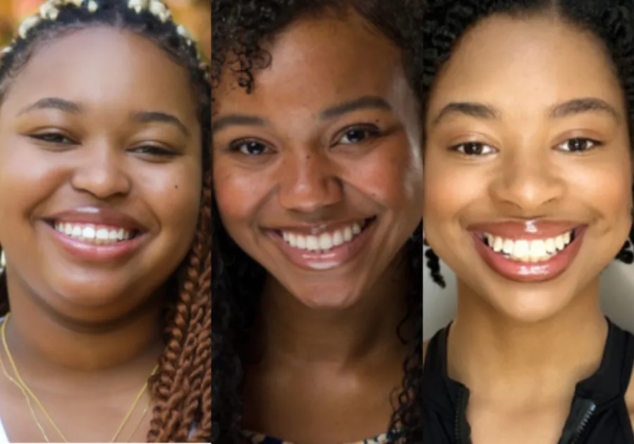 Three women with braided or curly hair smiling, shown in a close-up, side-by-side compilation.