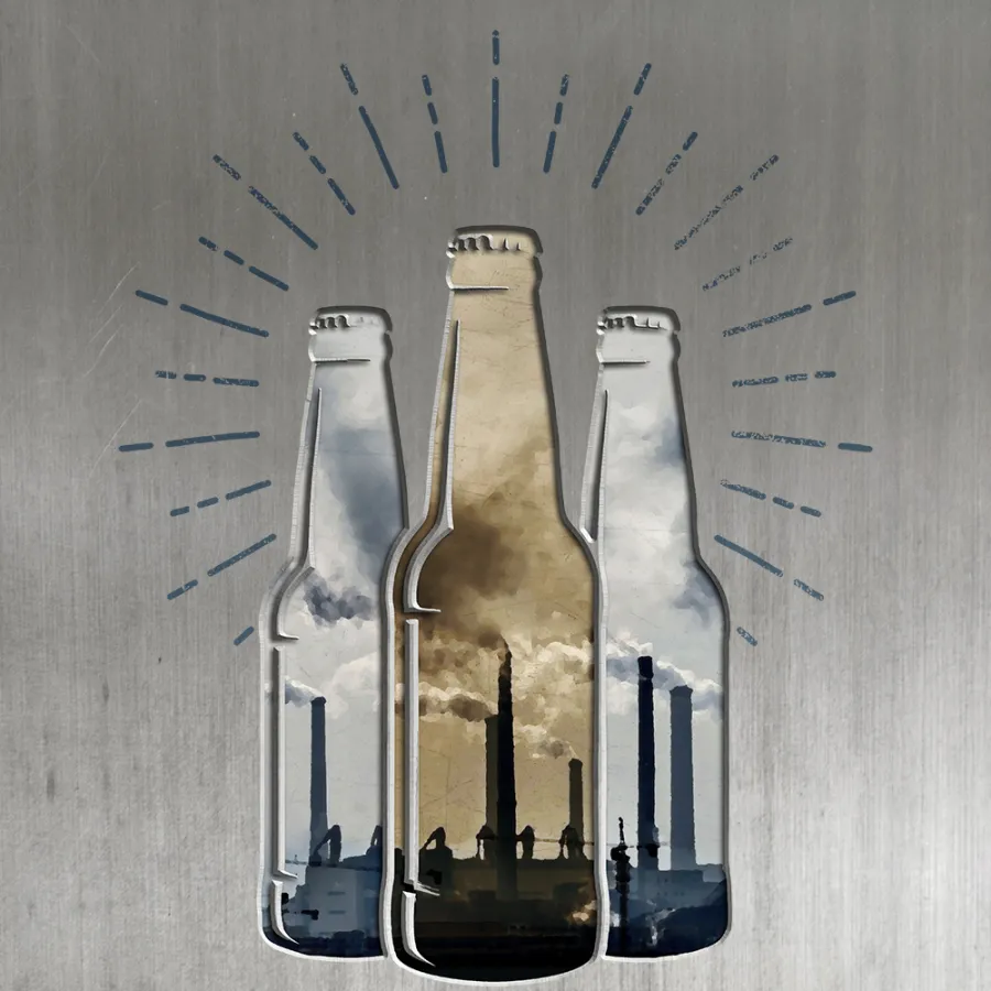 Three beer bottle outlines filled with images of factory smokestacks emitting pollution, set against a metallic background with radiating lines.