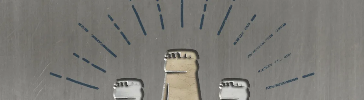 Three stylized turbine towers in metallic relief with blue lines radiating outward on a brushed metal background.