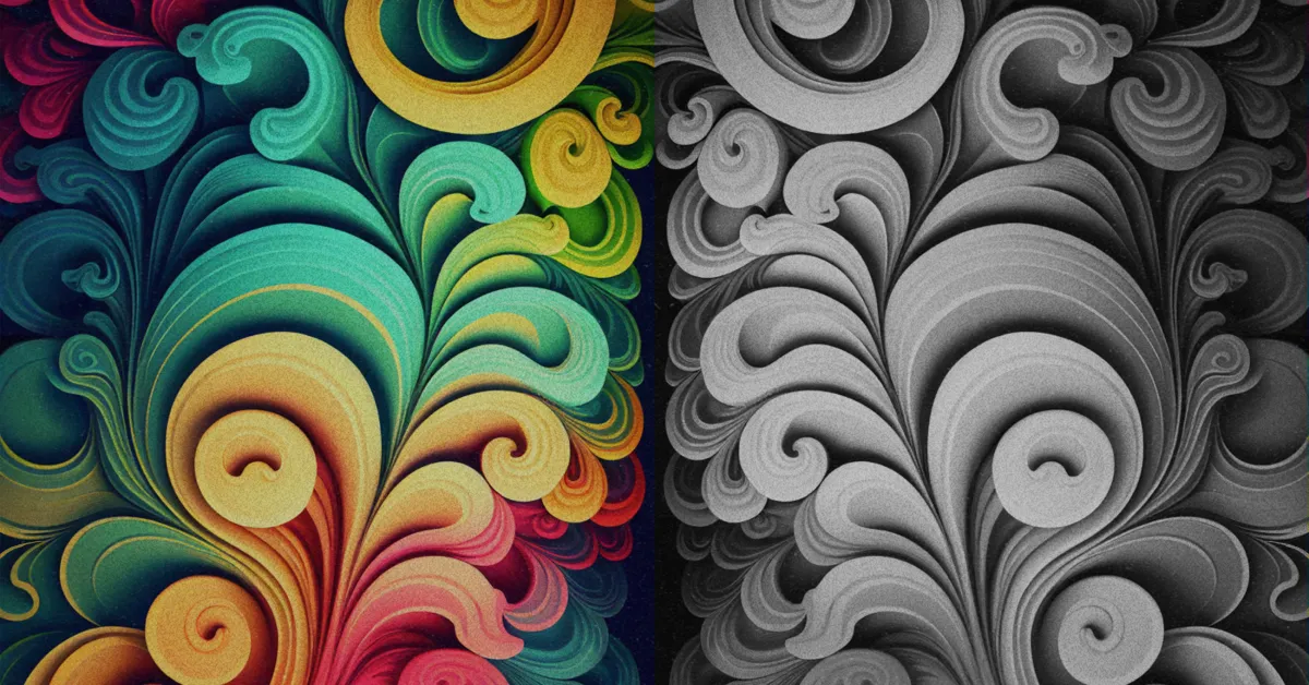 Abstract swirling patterns divided vertically; the left half is colorful with greens, yellows, and reds, while the right half is in grayscale tones.