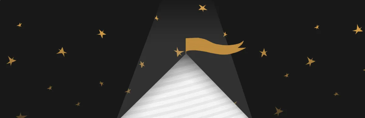 A gold flag sits atop a white, pyramid-shaped peak under a dark sky with scattered gold stars.