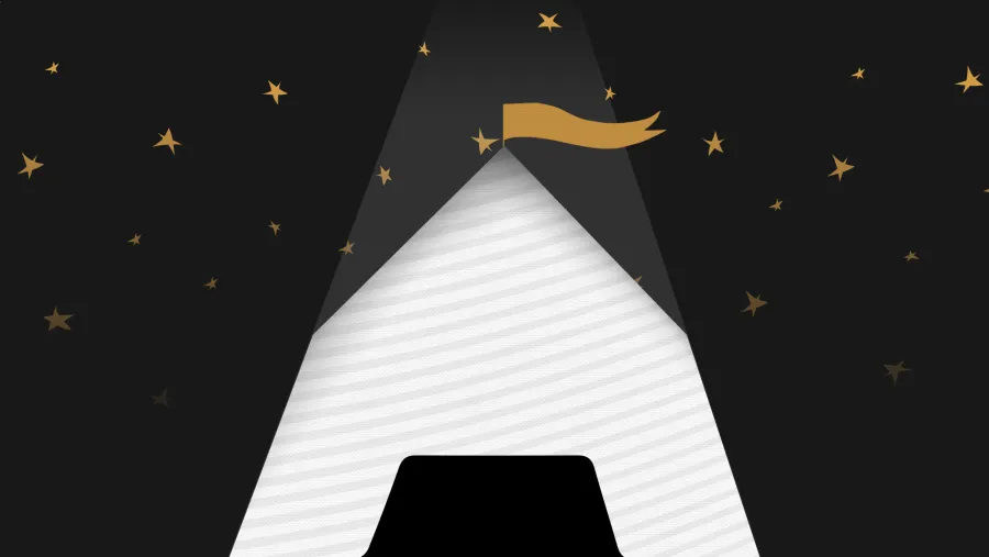 Illustration of a white triangular shape with a yellow flag on top, surrounded by golden stars on a black background.