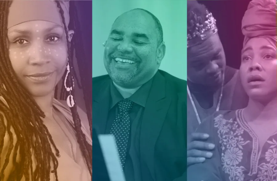 A triptych image shows a woman with long braids and face paint, a smiling man in a suit, and two people in costume performing a dramatic scene.