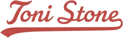 Red script text reads "Toni Stone" with an underline extending from the final letter, resembling a baseball team logo.