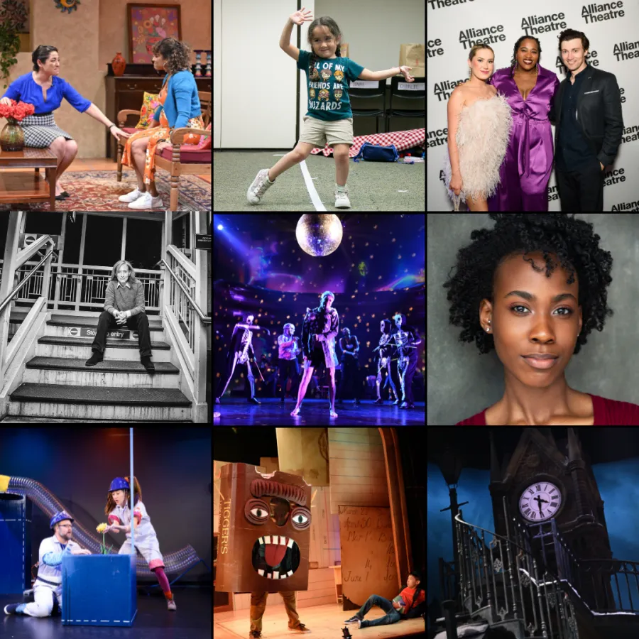 A collage of nine images showing theater scenes, performers on stage, actors posing, and a clock tower at night.