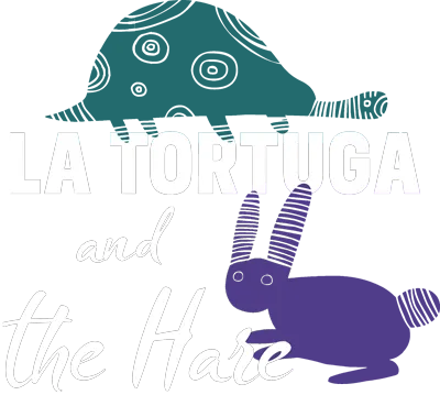 Illustration with a teal turtle and a purple hare. Text reads “La Tortuga and the Hare.”.