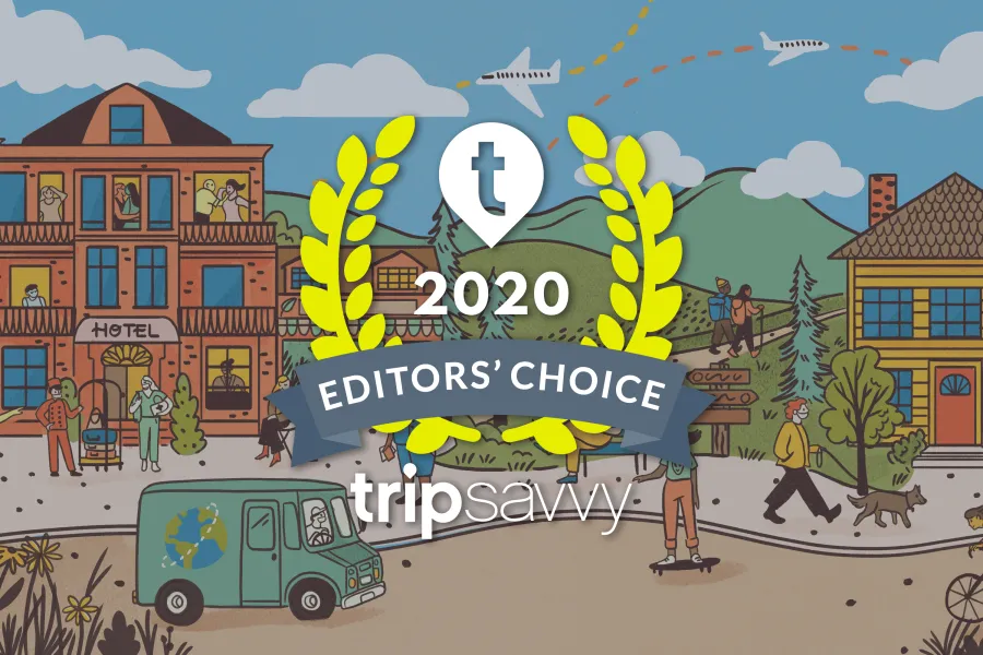 Illustrated town scene with people, buildings, and mountains; overlaid with "2020 Editors' Choice trip savvy" award graphic featuring laurel wreath and banner.
