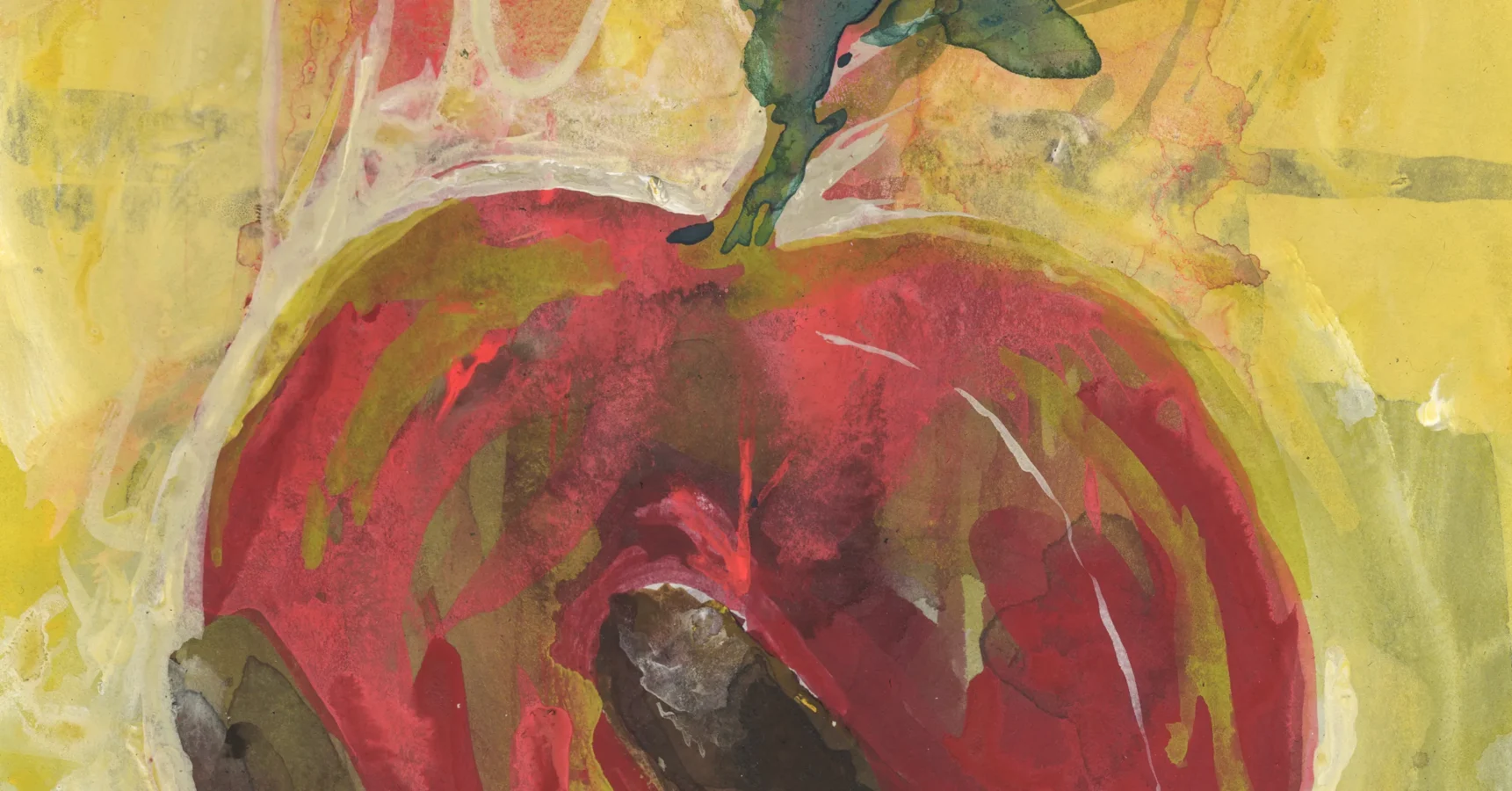 A watercolor painting of a red apple with a green leaf against a yellow background.