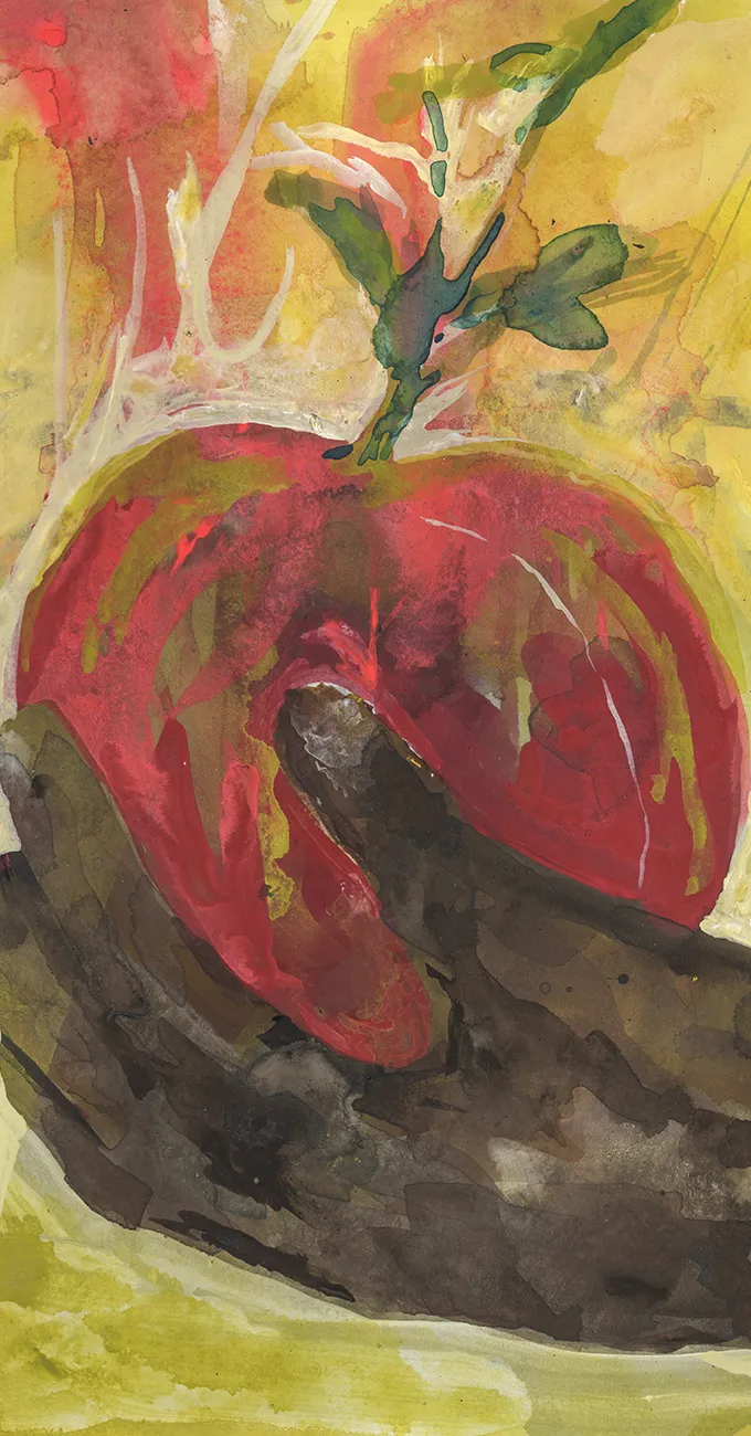 A watercolor painting of a hand holding a red tomato with green leaves against a yellow and green background.