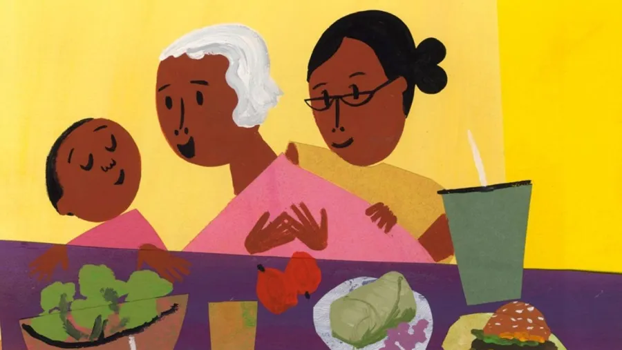 Three people sit at a table with various foods and drinks, including a salad, a burrito, a burger, and a beverage, against a yellow background.