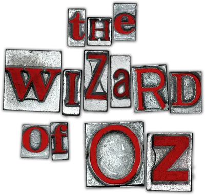 The Wizard of Oz title logo with red and gray block letters arranged in a collage style on a textured background.