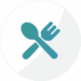 A blue icon of a spoon and fork crossed over each other on a light circular background.