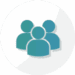 Icon of three overlapping blue human figures representing a group or team, with a light gray circular background.