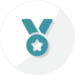 A stylized blue medal with a star in the center and a ribbon, shown on a light gray circular background.