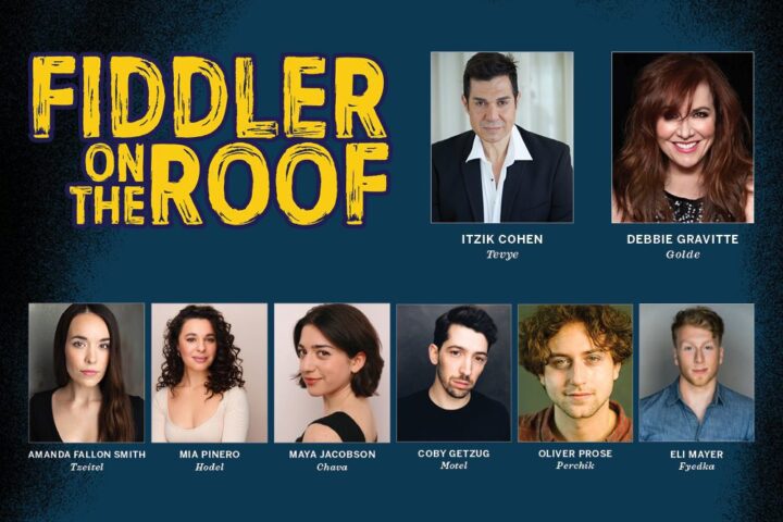 A promotional image for "Fiddler on the Roof" featuring headshots and names of cast members, with the show's title displayed in large yellow letters at the top.
