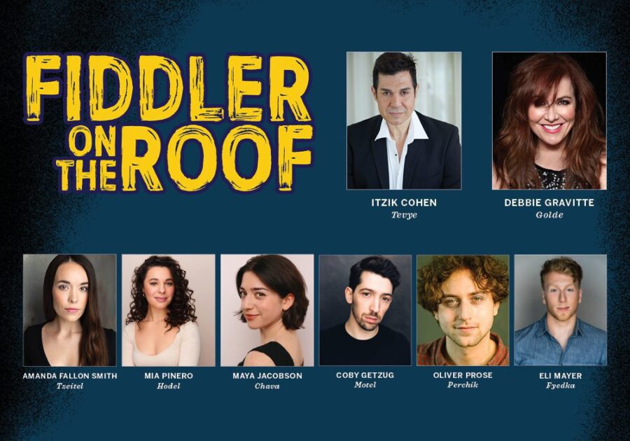 A promotional image for "Fiddler on the Roof" featuring headshots and names of cast members, with the show's title displayed in large yellow letters at the top.