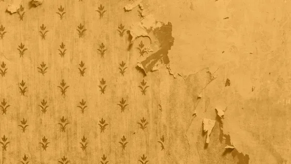 Old wallpaper with a small floral pattern is peeling and damaged, revealing worn walls beneath in several areas.