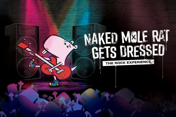 Cartoon mole rat playing electric guitar on stage, with concert lights, speakers, and an audience; text reads "Naked Mole Rat Gets Dressed: The Rock Experience.