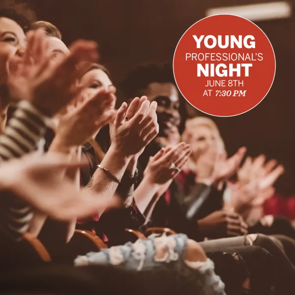 A group of people clap in an audience. A circular overlay reads: "Young Professional's Night, June 8th at 7:30 PM.