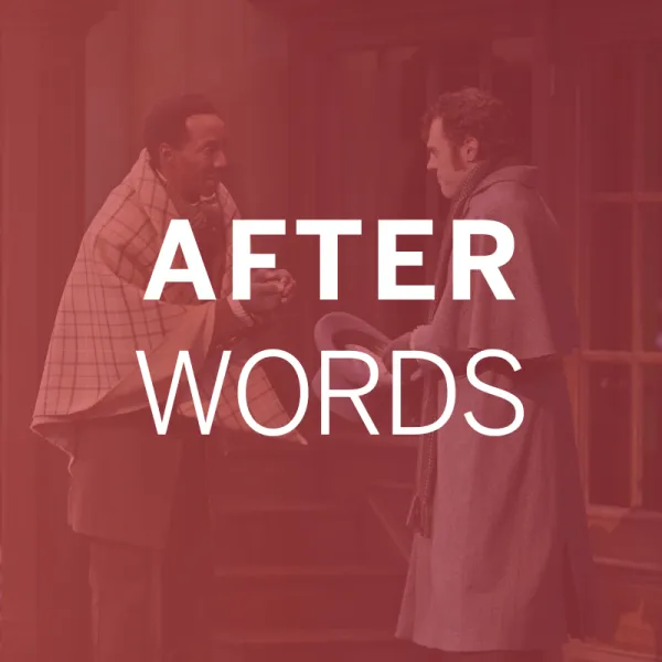 Two people stand outside, wrapped in blankets and talking, with large white text reading "AFTER WORDS" overlaid on the image.