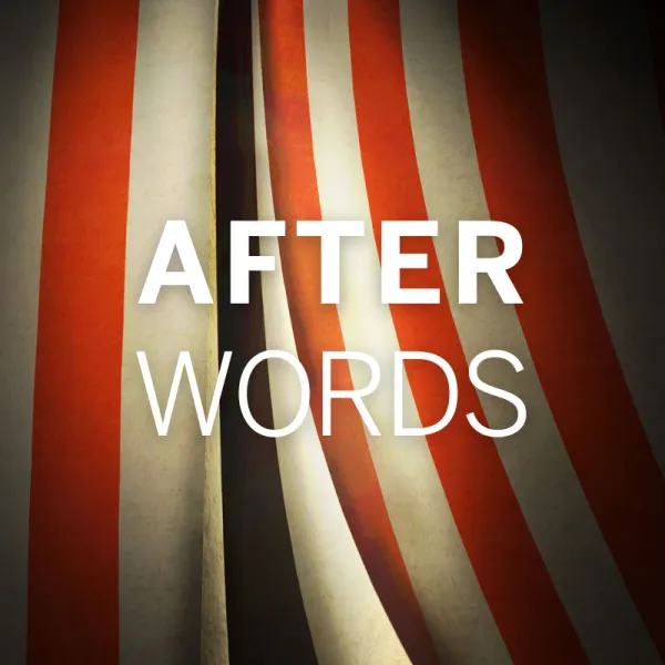 Text "AFTER WORDS" over a background featuring red and white vertical stripes, resembling part of an American flag.