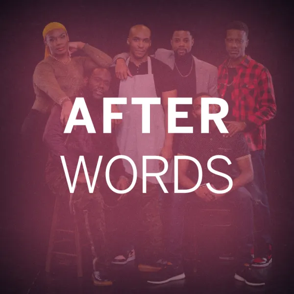 Five people pose together, with two seated and three standing, overlaid with large white text reading "AFTER WORDS" on a dark background.