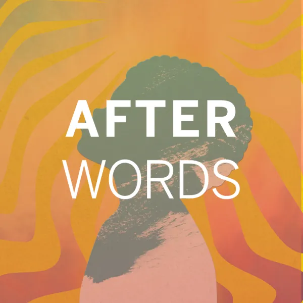 Silhouette of a person's head in profile with the words "AFTER WORDS" overlaid on a wavy, warm-toned background.