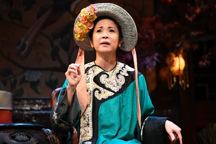 A woman in traditional Asian attire and a decorative hat sits indoors, raising her hand and speaking with a serious expression.