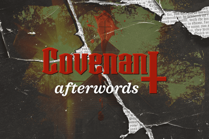 A cracked, dark background with red stains features the word "Covenant" in gothic font with an inverted cross, and "afterwords" in white cursive below.