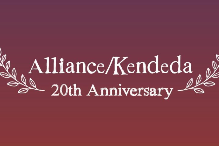 Text "Alliance/Kendeda 20th Anniversary" in white font with decorative branches on a gradient background from purple to reddish-brown.