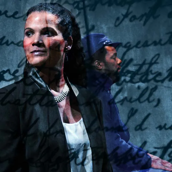 Native Guard Teaser 01 2 0 0 A woman in a dark blazer and necklace stands in the foreground, while a man in a blue uniform sits in the background; handwritten script is overlaid on the image.
