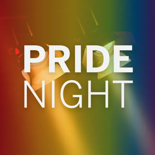 Text "Pride Night" over a background with rainbow colors and two spotlights projecting light.