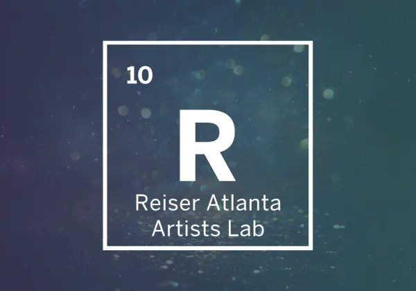 Square graphic with a periodic table element style, showing "10 R" and text "Reiser Atlanta Artists Lab" on a dark blue-green background with light spots.