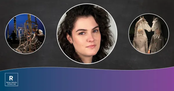 A central portrait of a woman is flanked by two images: one of people assembling a large metal structure and another of two people standing next to horse sculptures.