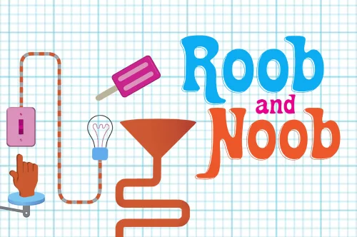 A grid background with illustrations of a hand flipping a switch, a lightbulb, tube, and funnel, alongside the text "Roob and Noob" in colorful letters.