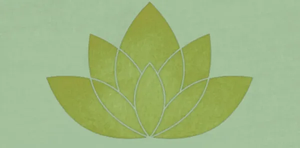 A simple green lotus flower icon with five overlapping petals on a light green background.