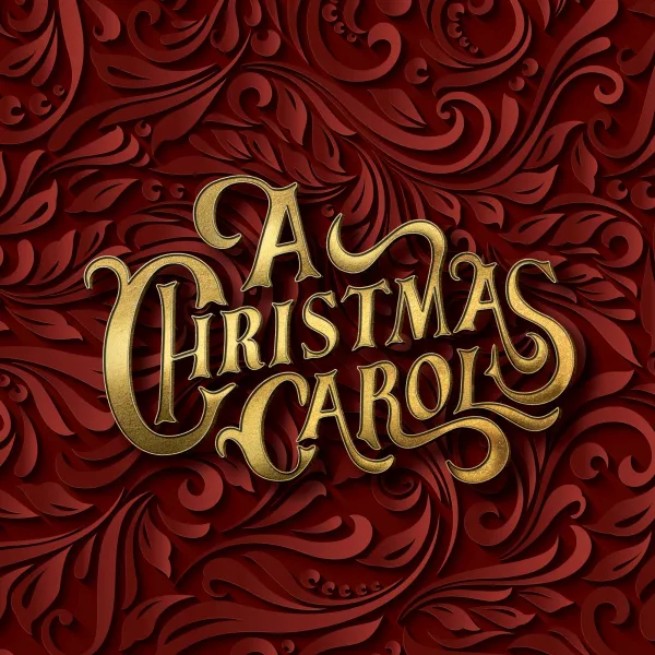 Gold text reading "A Christmas Carol" on an ornate, embossed red background with swirling patterns.