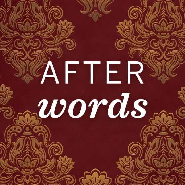 White text saying "AFTER words" on a red background with a gold decorative floral pattern.