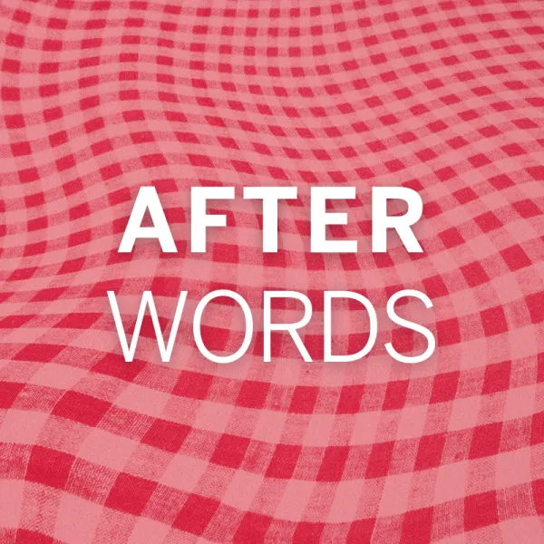 Text "AFTER WORDS" appears over a red and pink checkered tablecloth pattern with a wavy, distorted effect.