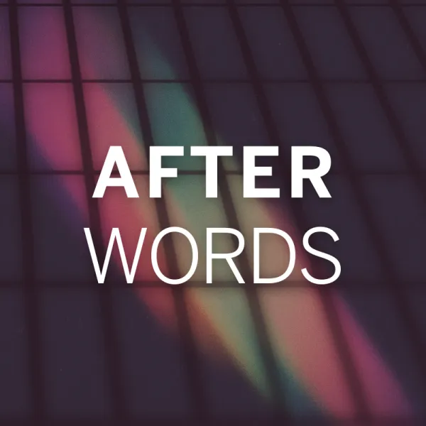 The words "AFTER WORDS" are centered on a dark, grid-patterned background with soft, multicolored light streaks.
