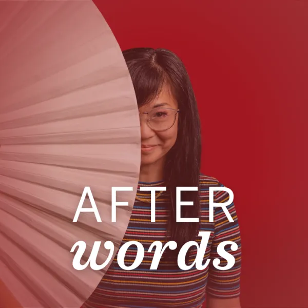 A woman stands against a red background, partly obscured by a large fan, with the text "AFTER words" overlaid on the image.